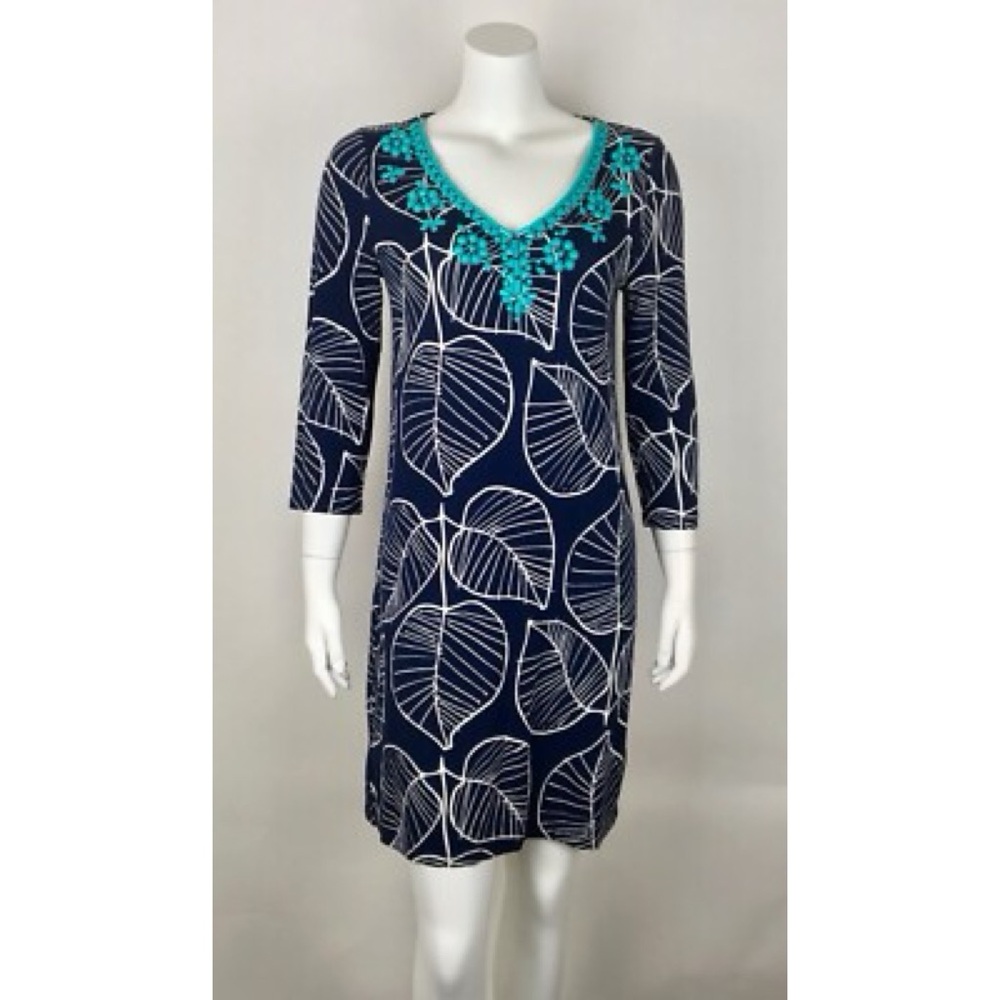 Boden Women’s Dress Embellished Leaf Prints 3/4 Sleeve Stretch in Blue